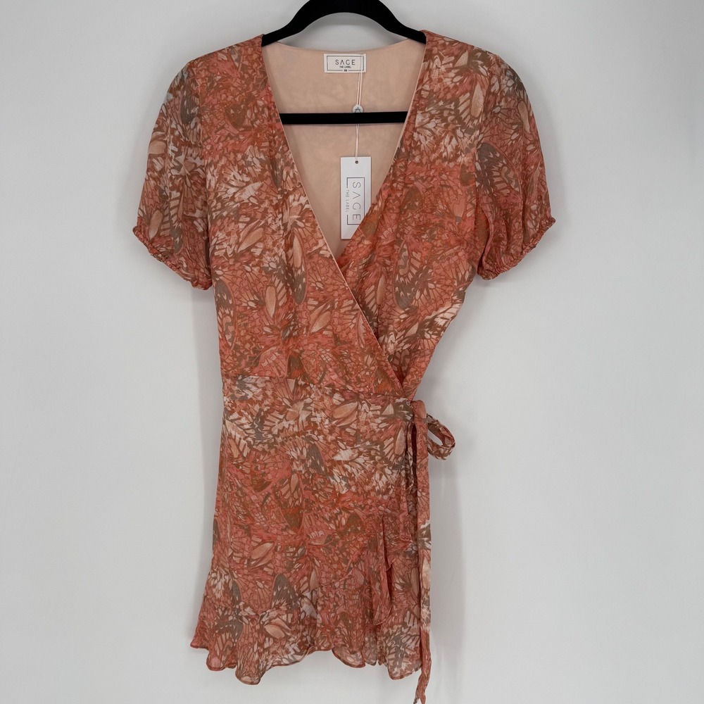 SAGE THE LABEL MONARCH WRAP DRESS NWT XS DUSK PINK PEACH BUTTERFLIES SUMMER